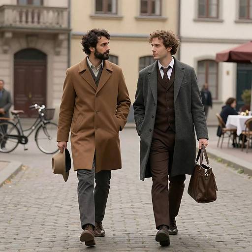 Two Men Walking on Cobblestone Street