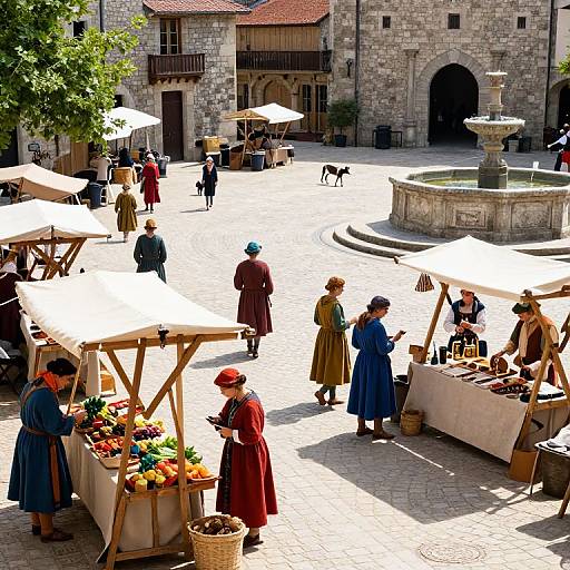 Medieval market scene photograph: Colorful market stalls with flowers and goods, vendors in period clothing, stone buildings, fountain, and people walking.