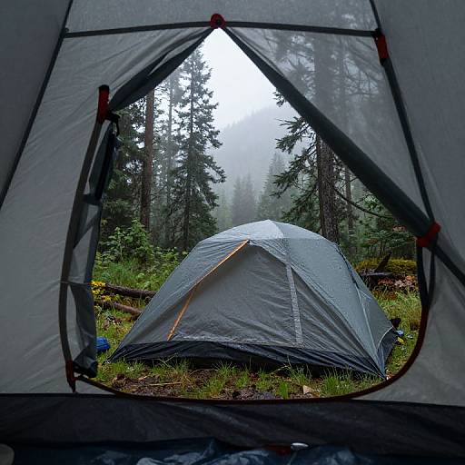 Photograph: Grey camping tent viewed through its open flap, set in a misty forest with tall trees and grassy ground.