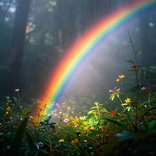Photograph of a vibrant rainbow arching over a misty forest, with raindrops falling and colorful wildflowers illuminated in the foreground.