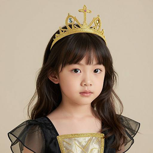 Photograph of an Asian young girl with long black hair, wearing a gold crown, black sheer dress, and beige background.