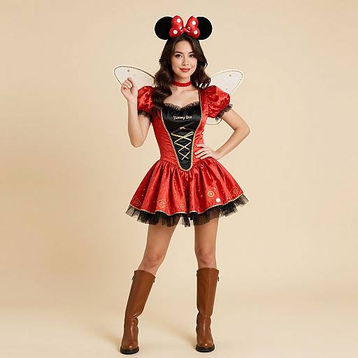 Photograph of a woman in a red Minnie Mouse costume with black bow, puffed sleeves, lace-up corset, black tutu, brown