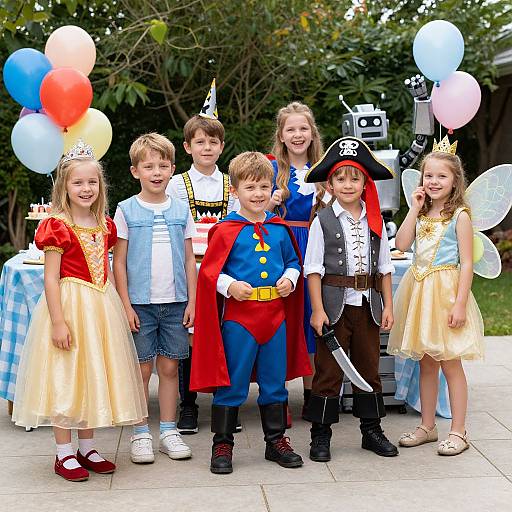 Photograph of six children in costume: Superman, pirate, fairy, princesses, and knight, standing outdoors with balloons and a pirate robot backdrop.