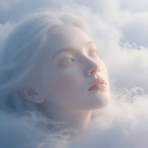 Photograph of a pale-skinned, blonde woman with closed eyes, surrounded by bright white clouds, bathed in soft, ethereal light. Dream