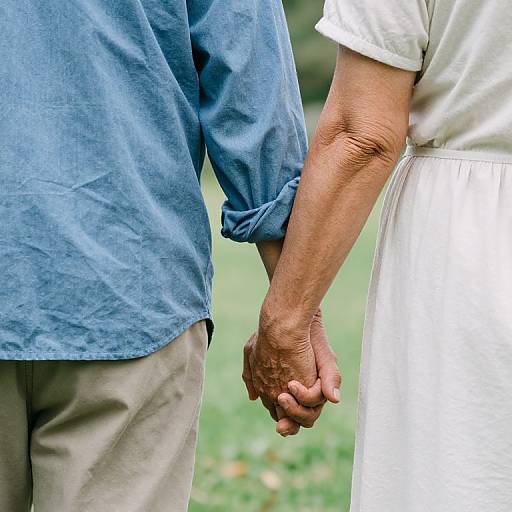 Photograph of an older couple holding hands; man in blue shirt and beige pants, woman in white dress, outdoors.