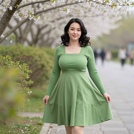 Photograph of a smiling Asian woman with curly black hair, wearing a green ribbed dress, standing on a springtime sidewalk, surrounded by blossoming