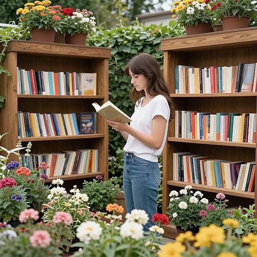 Photograph of a young woman with long brown hair, wearing a white t-shirt and blue jeans, reading a book in a vibrant garden surrounded by colorful