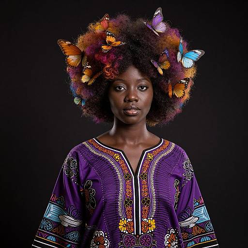 Photograph of a Black woman with a vibrant, afro hairstyle adorned with colorful butterflies, wearing a detailed, purple, embroidered traditional dress against a black