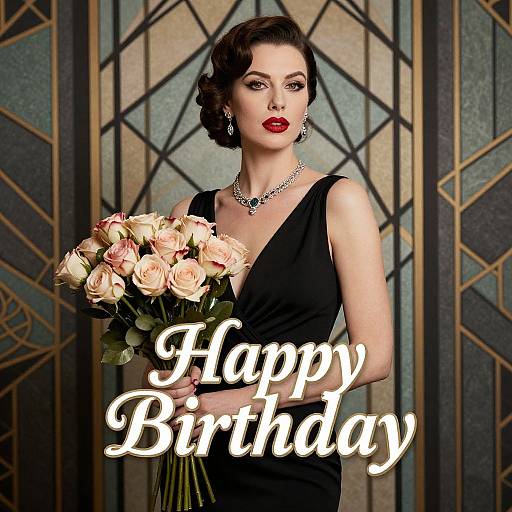 Photograph of a glamorous woman with short, wavy brown hair, wearing a black V-neck dress, holding a bouquet of pink roses, set against