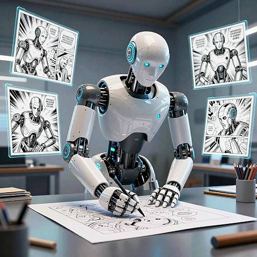 CGI image of a white, glowing blue-eyed humanoid robot drawing on paper, surrounded by four illuminated comic panels on the wall.