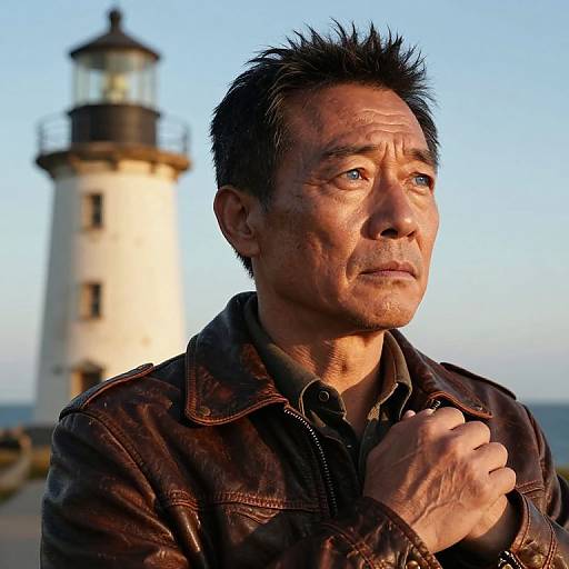 Photograph of a middle-aged Asian man with spiky black hair, wearing a brown leather jacket, standing in front of a white lighthouse at sunset