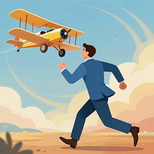 Man in Blue Suit Chasing Biplane