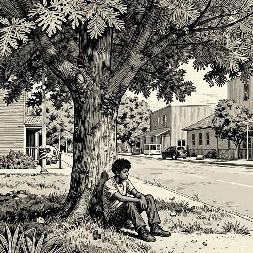 Black-and-white manga-style drawing of a young man with curly hair sitting under a large tree in a suburban neighborhood, with houses and a sidewalk in the