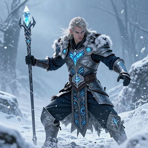 Digital art of a white-haired, muscular, armored warrior with glowing blue runes, holding a crystal-tipped staff, standing in a snowy forest.
