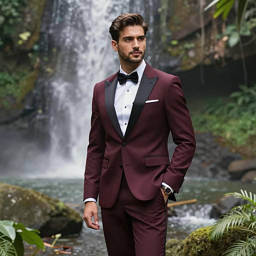 Elegant Man in Burgundy Tuxedo in Jungle