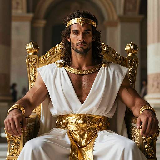 Photograph of a muscular, dark-haired man with a beard, wearing a white toga, gold crown, and ornate golden throne, seated reg