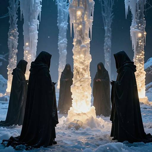 Photograph of four hooded figures in dark cloaks standing in snowy forest illuminated by glowing ice formations, creating an eerie, mystical atmosphere.