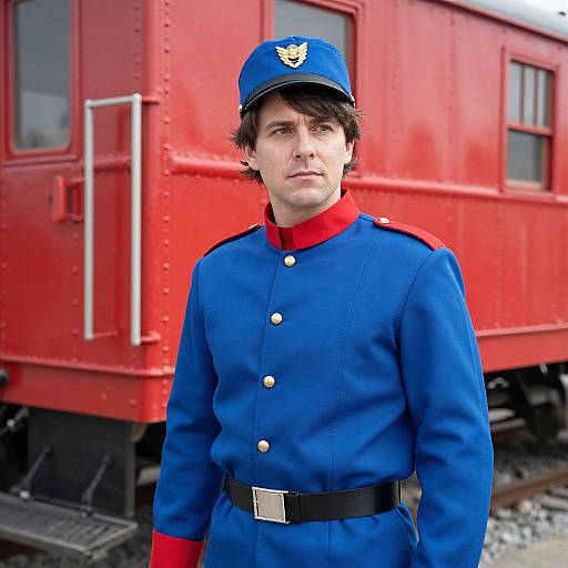 Photograph of a young white man in a blue military uniform with red collar and black belt, standing in front of a bright red train car.