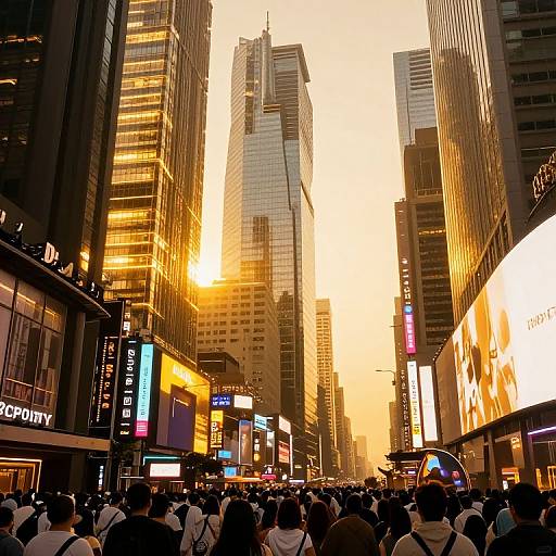 Photograph of a bustling city street at sunset, with tall skyscrapers reflecting golden light, crowded with people, and vibrant billboards lining the buildings
