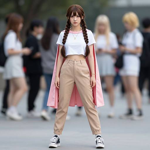 Photograph of a young woman with long brown braids, wearing a white crop top, beige high-waisted pants, and black-and-white sneakers