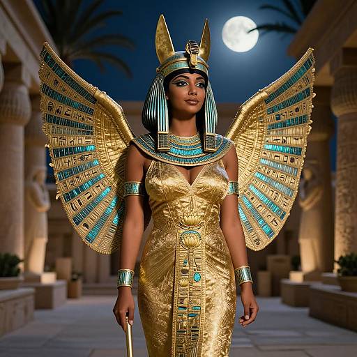 Digital artwork of an African woman in a gold Egyptian goddess costume with large, ornate wings, blue and gold accents, and a moonlit temple background