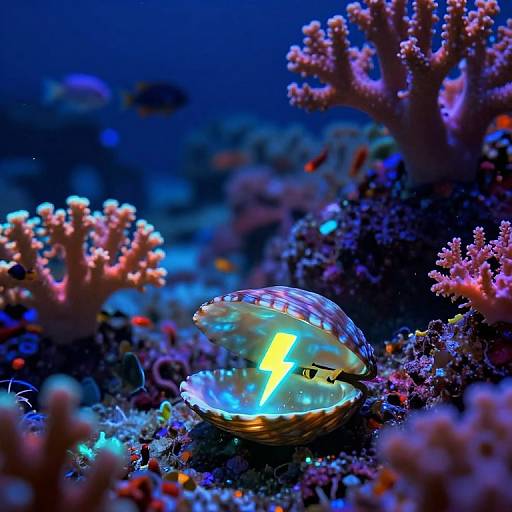 Photograph of a glowing jellyfish-like shell with a bright yellow interior, surrounded by vibrant pink and purple corals in a deep blue underwater scene.