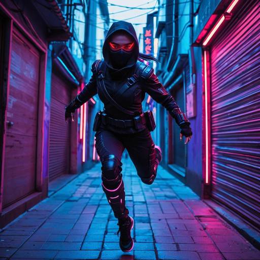 Cybernetic Ninja in Neon Alleyways