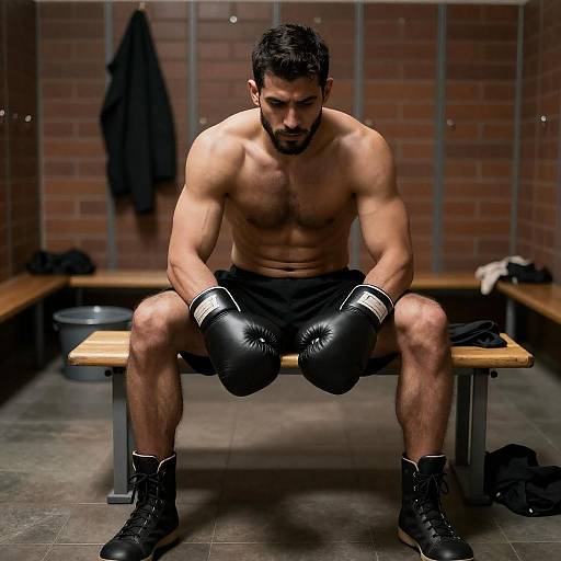 Intense Boxer in Dim Locker Room