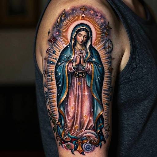 Tattoo of a serene, haloed Virgin Mary with starry cloak, praying hands, surrounded by crosses, moons, and stars, on a