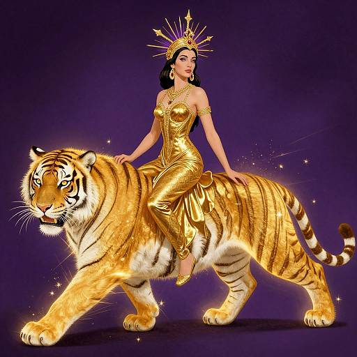 Digital artwork of a regal woman in a gold dress and crown, riding a glowing golden tiger against a purple background.