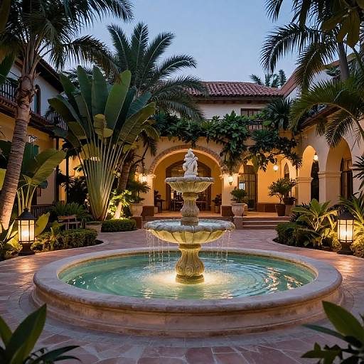 Photograph of a luxurious, tropical courtyard at dusk, featuring a central stone fountain, lush palm trees, and warmly lit archways.