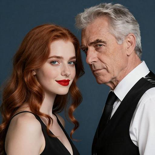 Photograph of a fair-skinned, red-haired woman with wavy hair and red lipstick standing beside an older, white-haired man in a black vest