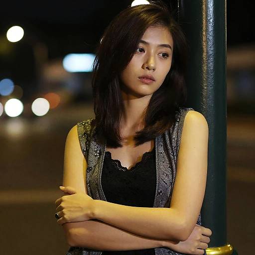 Photograph of a young Asian woman with shoulder-length black hair, wearing a black lace top and silver vest, standing against a dark street pole at night