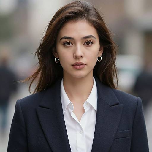 Photograph of a young woman with long brown hair, wearing a black blazer and white shirt, standing in a blurred urban background, with serious expression