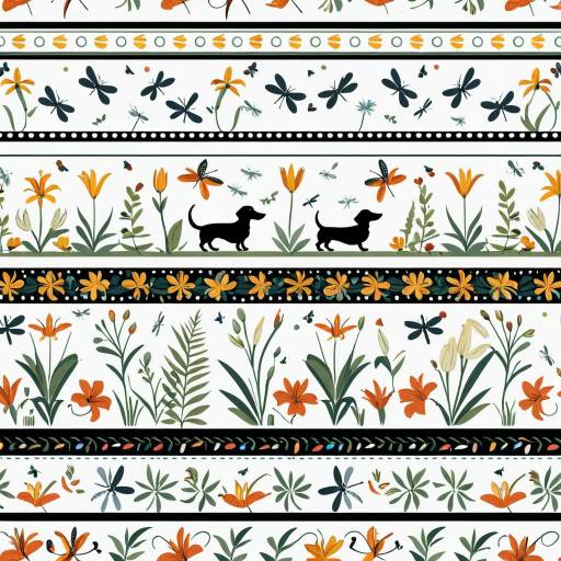 Elegant Scarf Border Pattern with Lilies, Dragonflies, and Dachshunds