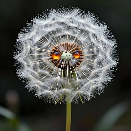 Close-up photograph of a dandelion seed head against a dark background, showcasing glowing white seeds with a central brown, orange-spotted core.