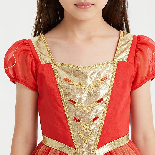 Photograph of an Asian girl in a red and gold princess dress with puffed sleeves, gold trim, and red buttons, showing her chin to chest