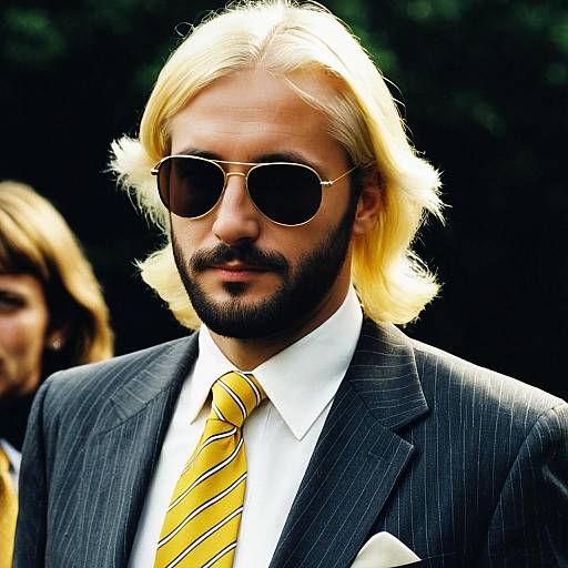Blonde Man in Pinstripe Suit with Yellow Tie