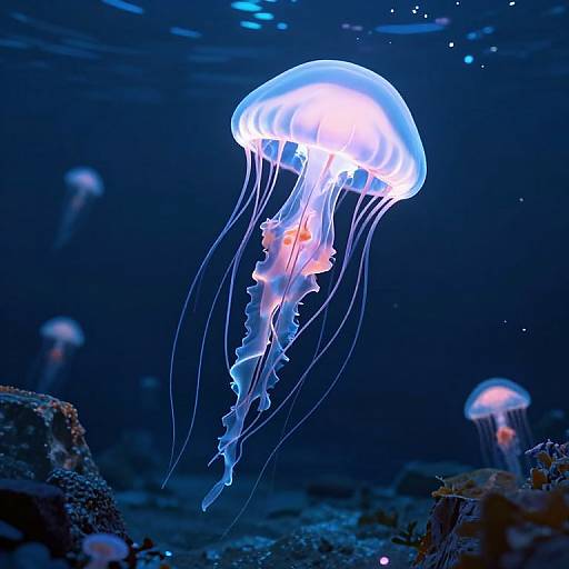 Photograph of a glowing blue and white jellyfish with translucent tentacles floating in a dark, underwater ocean environment. Other jellyfish are blurred in the