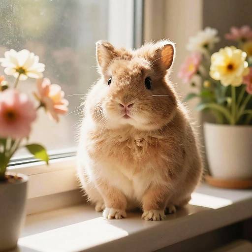 Photograph of a fluffy, light brown hamster with dark eyes sitting on a sunlit windowsill, surrounded by blooming flowers.