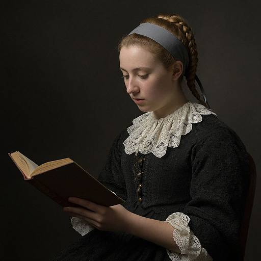 Photograph of a young woman with light skin and braided hair, wearing a black dress with white lace collar, reading a book against a dark background