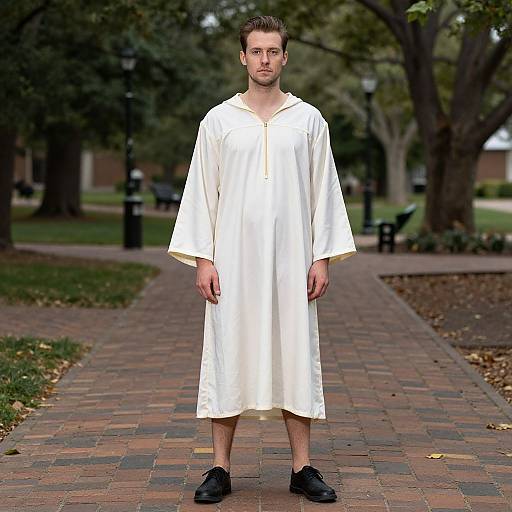 Photograph of a serious, short-haired man in a white, knee-length, hoodless robe and black shoes standing on a brick path in a park