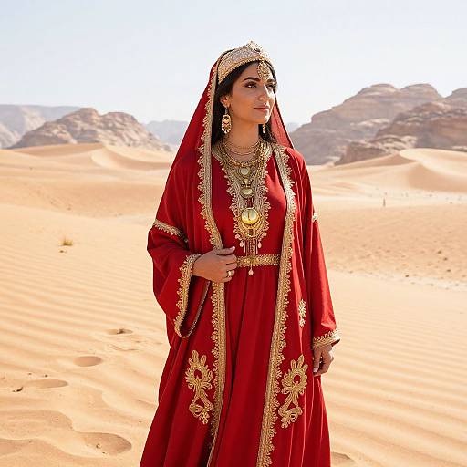 Photograph of a South Asian woman in a vibrant red traditional wedding dress with gold embroidery, standing in a sunlit desert with rocky mountains in the background