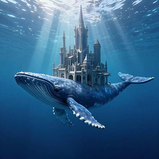Digital artwork of a massive blue whale swimming near an underwater fantasy castle, bathed in sunlight filtering through the ocean.