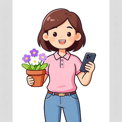 Cartoon Woman Holding Flowers and Phone