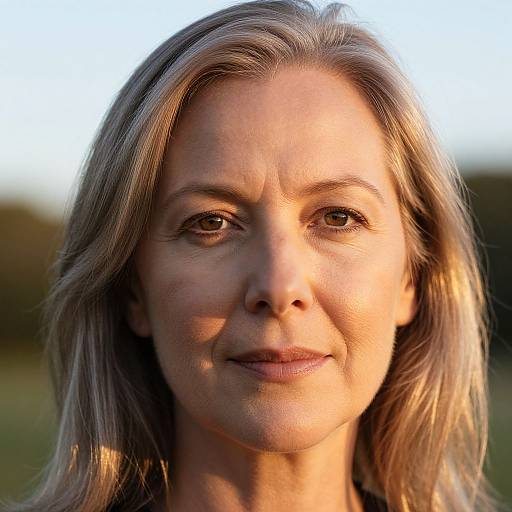 Close-up photograph of a middle-aged woman with light brown hair, fair skin, and a gentle smile, illuminated by warm sunlight.