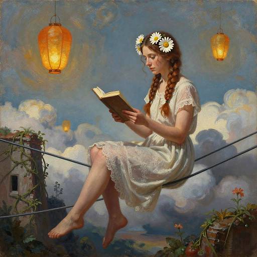 Surreal Woman Reading Amid Clouds