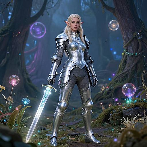 Digital fantasy artwork: Blonde elf in silver armor, holding glowing sword, standing in enchanted forest with glowing bubbles and ethereal lights.