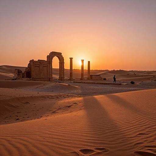 Photograph of a sunset over ancient ruins in a desert, with silhouetted columns, rippling sand, and a lone figure standing.