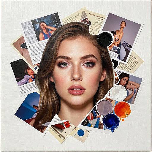 Photograph collage of a beautiful young woman with long brown hair, blue eyes, and fair skin, surrounded by various magazine cutouts.